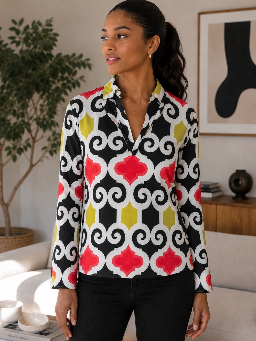 Tory Burch Punk Print Long Sleeve multicolor Tunic Top White Multi Cotton Size 0